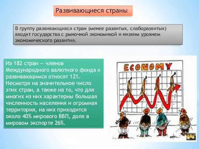 Развивающиеся страны В группу развивающихся стран (менее развитых, слаборазвитых) входят государства