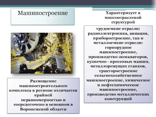 Машиностроение Характеризует я многоотраслевой структурой трудоемкие отрасли: радиоэлектроника, авиация, приборостроение, так