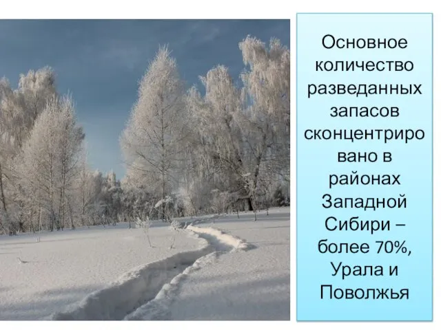 Основное количество разведанных запасов сконцентрировано в районах Западной Сибири – более 70%, Урала и Поволжья