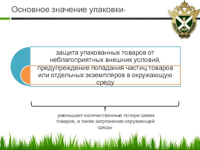 Основное значение упаковки- уменьшает количественные потери самих товаров, а также загрязнение окружающей среды.