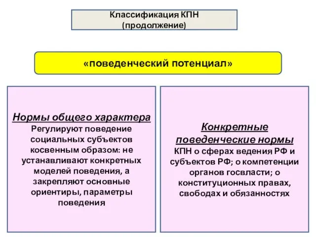 Классификация КПН (продолжение) «поведенческий потенциал» Нормы общего характера Регулируют поведение социальных