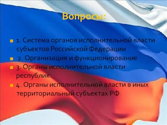 Вопросы: 1. Система органов исполнительной власти субъектов Российской Федерации 2. Организация