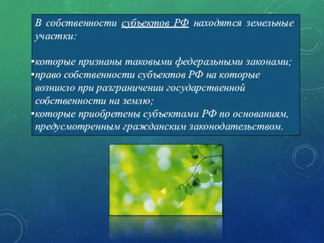 В собственности субъектов РФ находятся земельные участки: которые признаны таковыми федеральными