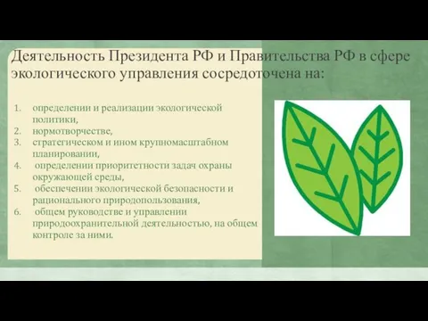 Деятельность Президента РФ и Правительства РФ в сфере экологического управления сосредоточена