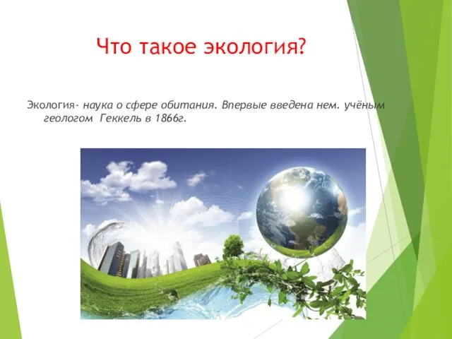 Что такое экология? Экология- наука о сфере обитания. Впервые введена нем. учёным геологом Геккель в 1866г.