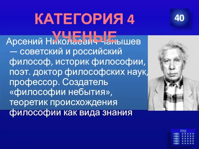 Арсений Николаевич Чанышев — советский и российский философ, историк философии, поэт.