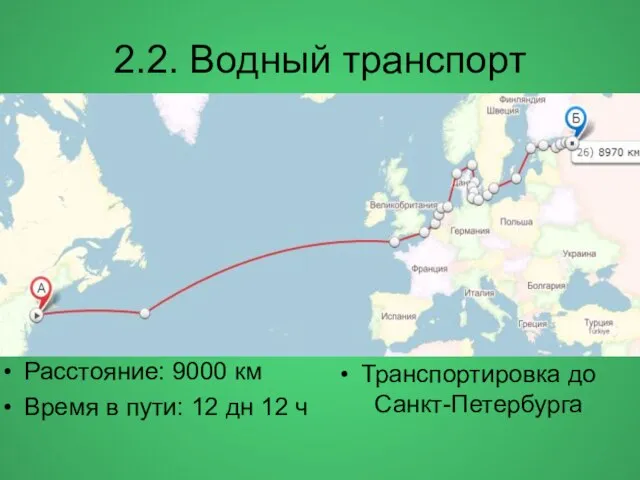 2.2. Водный транспорт Расстояние: 9000 км Время в пути: 12 дн 12 ч Транспортировка до Санкт-Петербурга