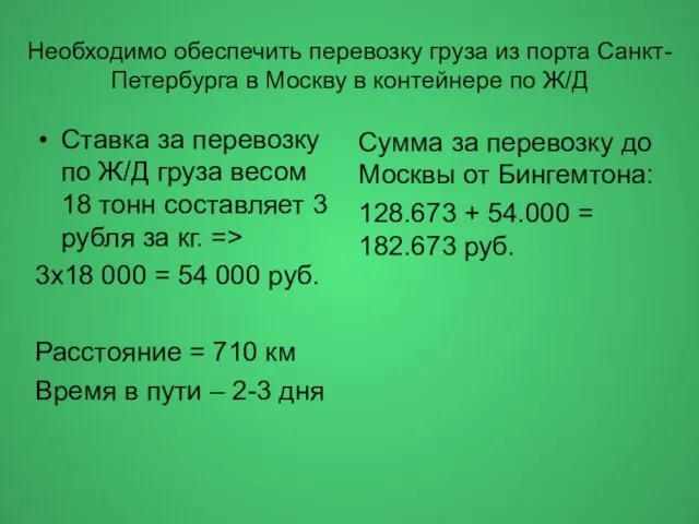 Необходимо обеспечить перевозку груза из порта Санкт-Петербурга в Москву в контейнере