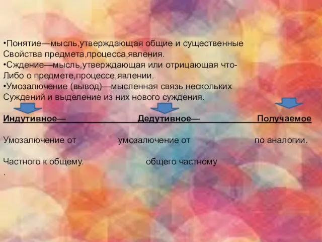 •Понятие—мысль,утверждающая общие и существенные Свойства предмета,процесса,явления. •Сждение—мысль,утверждающая или отрицающая что- Либо