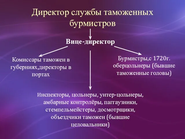 Директор службы таможенных бурмистров Вице-директор Комиссары таможен в губерниях,директоры в портах