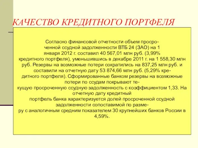 КАЧЕСТВО КРЕДИТНОГО ПОРТФЕЛЯ Согласно финансовой отчетности объем просро- ченной ссудной задолженности