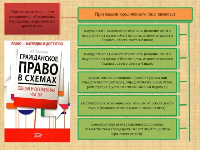 Юридические лица — это предприятия, объединения, учреждения, общественные организации. Признаками юридического