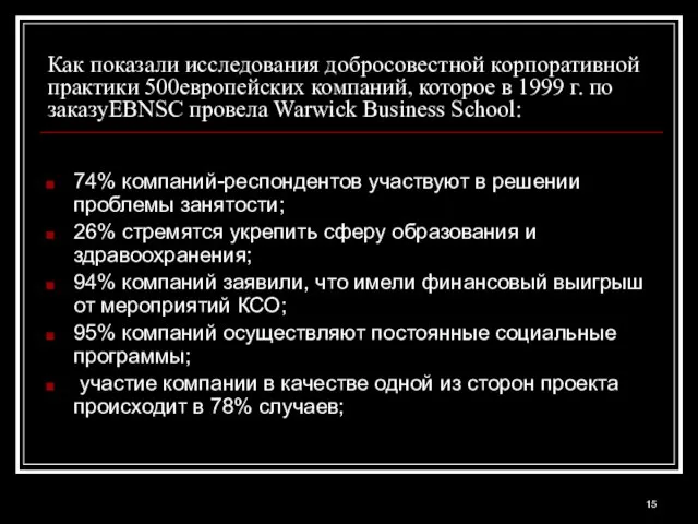 Как показали исследования добросовестной корпоративной практики 500европейских компаний, которое в 1999