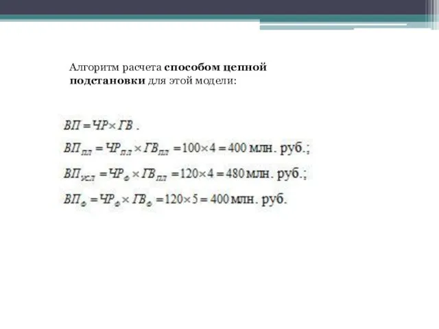 Алгоритм расчета способом цепной подстановки для этой модели: