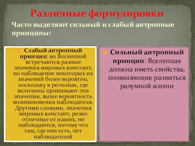 Часто выделяют сильный и слабый антропные принципы: Слабый антропный принцип: во