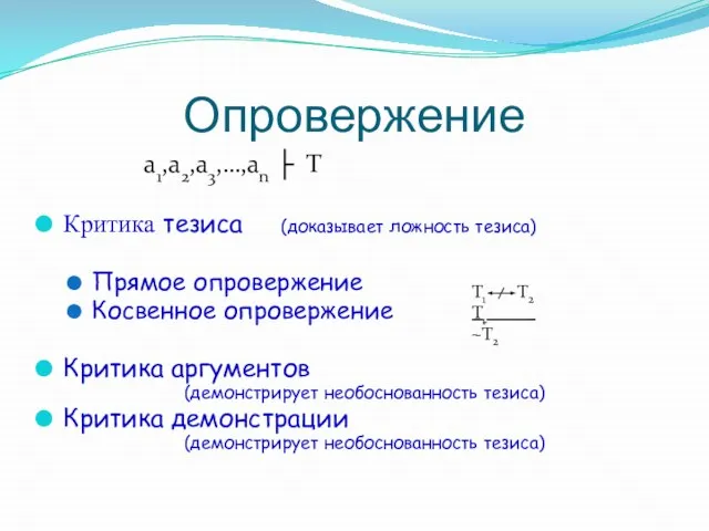 Опровержение a1,a2,a3,…,an ├ T Критика тезиса (доказывает ложность тезиса) Прямое опровержение