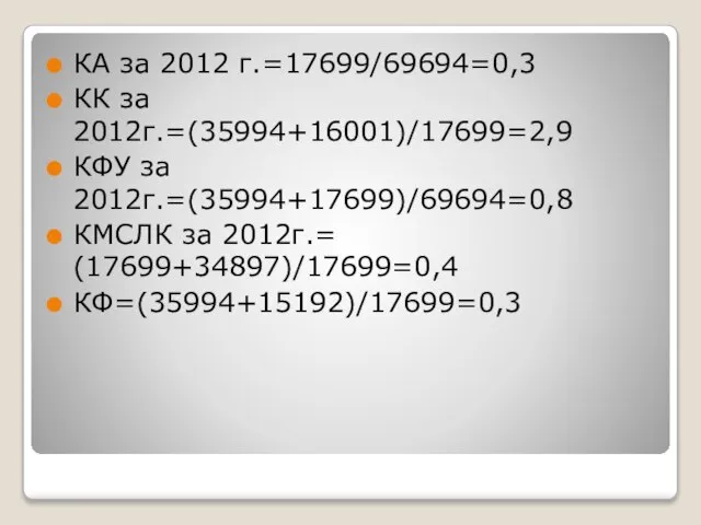 КА за 2012 г.=17699/69694=0,3 КК за 2012г.=(35994+16001)/17699=2,9 КФУ за 2012г.=(35994+17699)/69694=0,8 КМСЛК за 2012г.= (17699+34897)/17699=0,4 КФ=(35994+15192)/17699=0,3