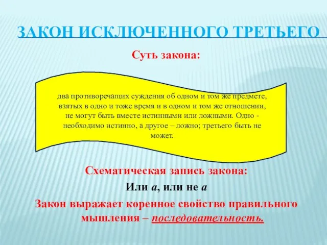 Закон исключенного третьего Суть закона: Схематическая запись закона: Или а, или