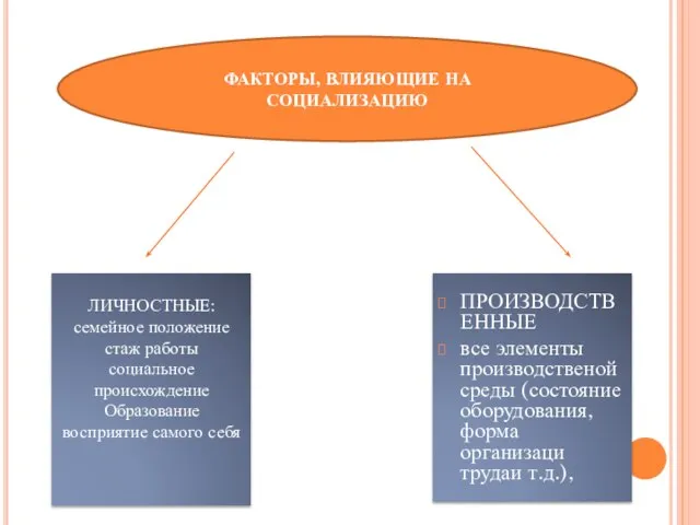 ФАКТОРЫ, ВЛИЯЮЩИЕ НА СОЦИАЛИЗАЦИЮ ЛИЧНОСТНЫЕ: семейное положение стаж работы социальное происхождение