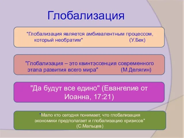 Глобализация "Глобализация – это квинтэссенция современного этапа развития всего мира" (М.Делягин)