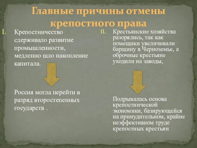 I. Крепостничество сдерживало развитие промышленности, медленно шло накопление капитала. Россия могла