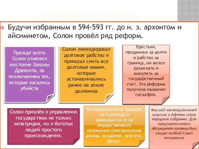 Реформы Солона Будучи избранным в 594-593 гг. до н. э. архонтом