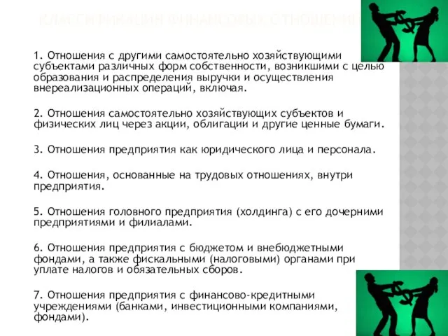 Классификация финансовых отношений 1. Отношения с другими самостоятельно хозяйствующими субъектами различных