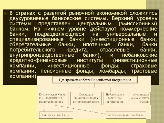 В странах с развитой рыночной экономикой сложились двухуровневые банковские системы. Верхний