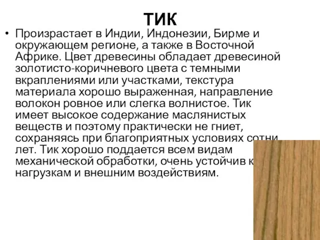 ТИК Произрастает в Индии, Индонезии, Бирме и окружающем регионе, а также