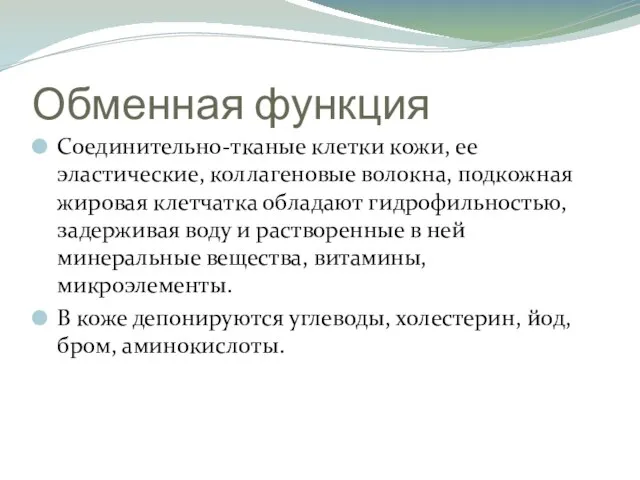 Обменная функция Соединительно-тканые клетки кожи, ее эластические, коллагеновые волокна, подкожная жировая