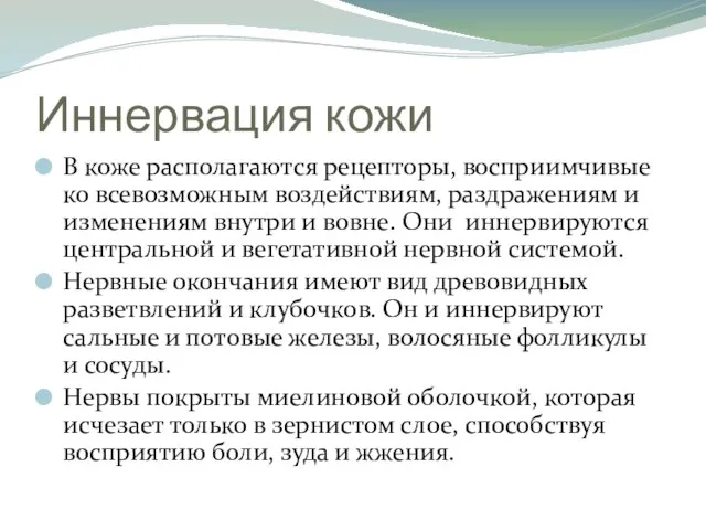 Иннервация кожи В коже располагаются рецепторы, восприимчивые ко всевозможным воздействиям, раздражениям