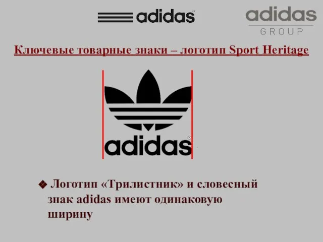 Ключевые товарные знаки – логотип Sport Heritage Логотип «Трилистник» и словесный знак adidas имеют одинаковую ширину