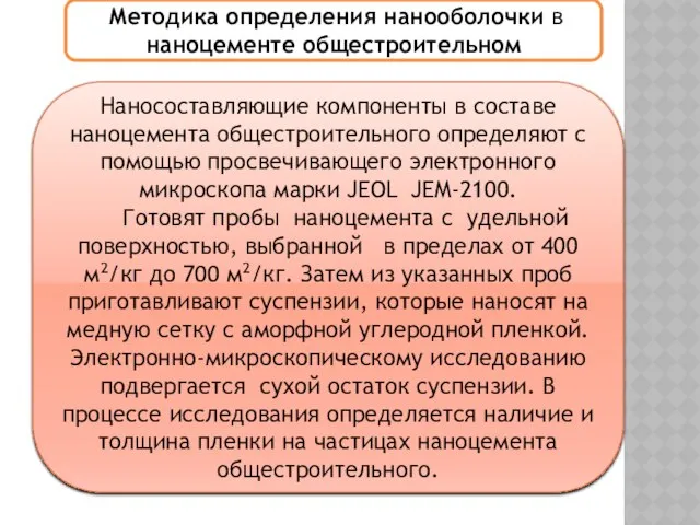 Методика определения нанооболочки в наноцементе общестроительном Наносоставляющие компоненты в составе наноцемента