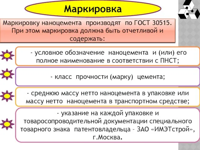 Маркировка Маркировку наноцемента производят по ГОСТ 30515. При этом маркировка должна