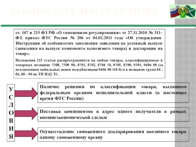 Законодательная основа ст. 107 и 215 ФЗ РФ «О таможенном регулировании»