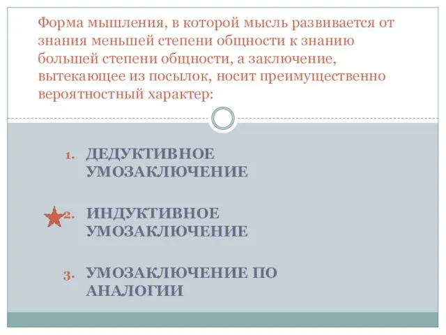 Дедуктивное умозаключение Индуктивное умозаключение Умозаключение по аналогии Форма мышления, в которой