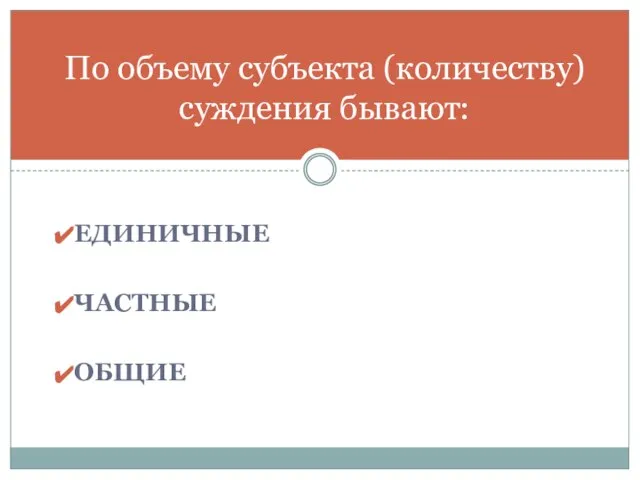 Единичные Частные общие По объему субъекта (количеству) суждения бывают: