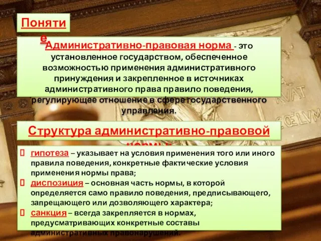 Административно-правовая норма - это установленное государством, обеспеченное возможностью применения административного принуждения