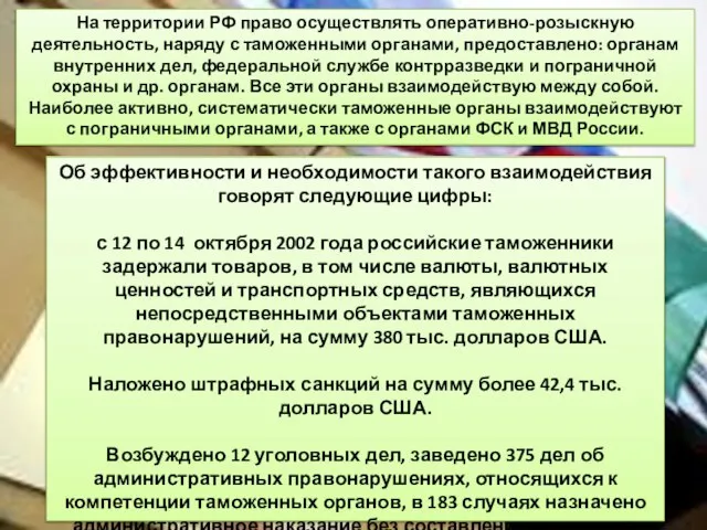 На территории РФ право осуществлять оперативно-розыскную деятельность, наряду с таможенными органами,