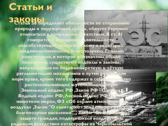 Статьи и законы Статья 58 определяет обязанности по сохранению природы и