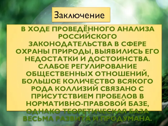 В ходе проведённого анализа российского законодательства в сфере охраны природы, выявились