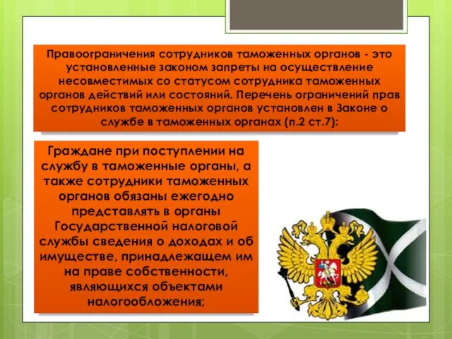 Правоограничения сотрудников таможенных органов - это установленные законом запреты на осуществление