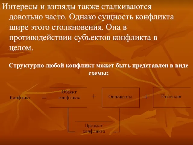 Интересы и взгляды также сталкиваются довольно часто. Однако сущность конфликта шире