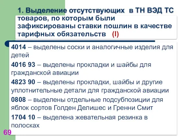 1. Выделение отсутствующих в ТН ВЭД ТС товаров, по которым были