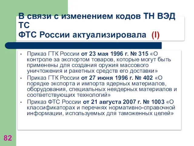 В связи с изменением кодов ТН ВЭД ТС ФТС России актуализировала