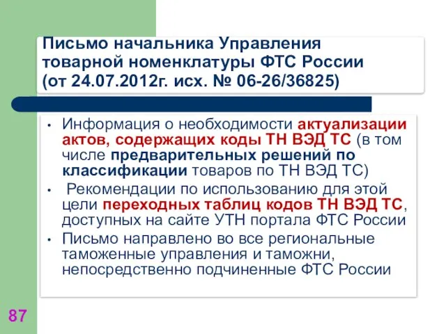 Письмо начальника Управления товарной номенклатуры ФТС России (от 24.07.2012г. исх. №