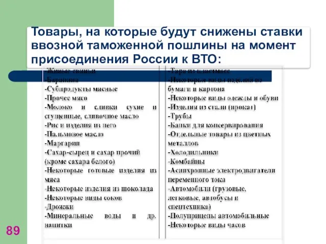 Товары, на которые будут снижены ставки ввозной таможенной пошлины на момент присоединения России к ВТО: