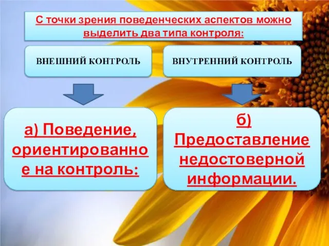 С точки зрения поведенческих аспектов можно выделить два типа контроля: ВНЕШНИЙ