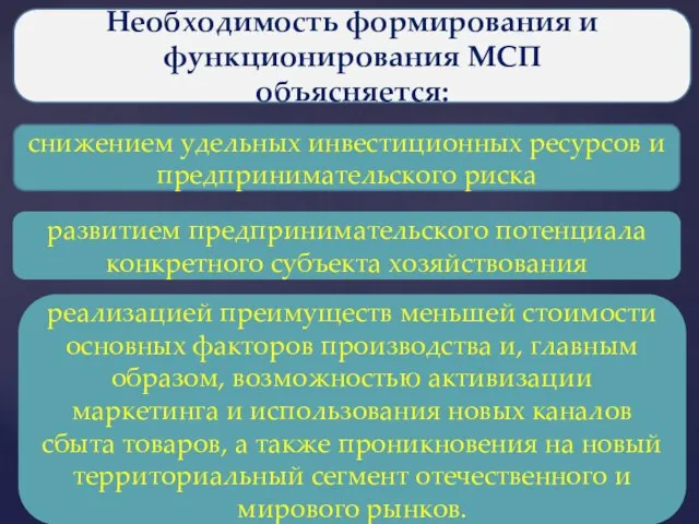 Необходимость формирования и функционирования МСП объясняется: снижением удельных инвестиционных ресурсов и