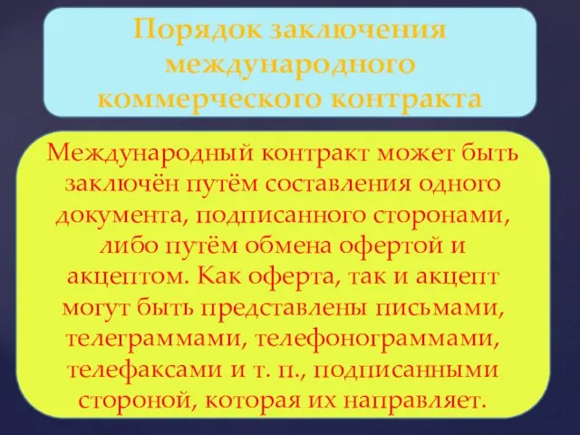 Порядок заключения международного коммерческого контракта Международный контракт может быть заключён путём